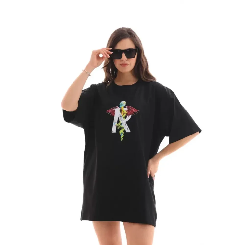 Unisex Bisiklet Yaka Baskılı Oversize T-Shirt - Siyah