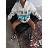 Yarım Fermuarlı Oversize Baskılı SweatShirt - Beyaz