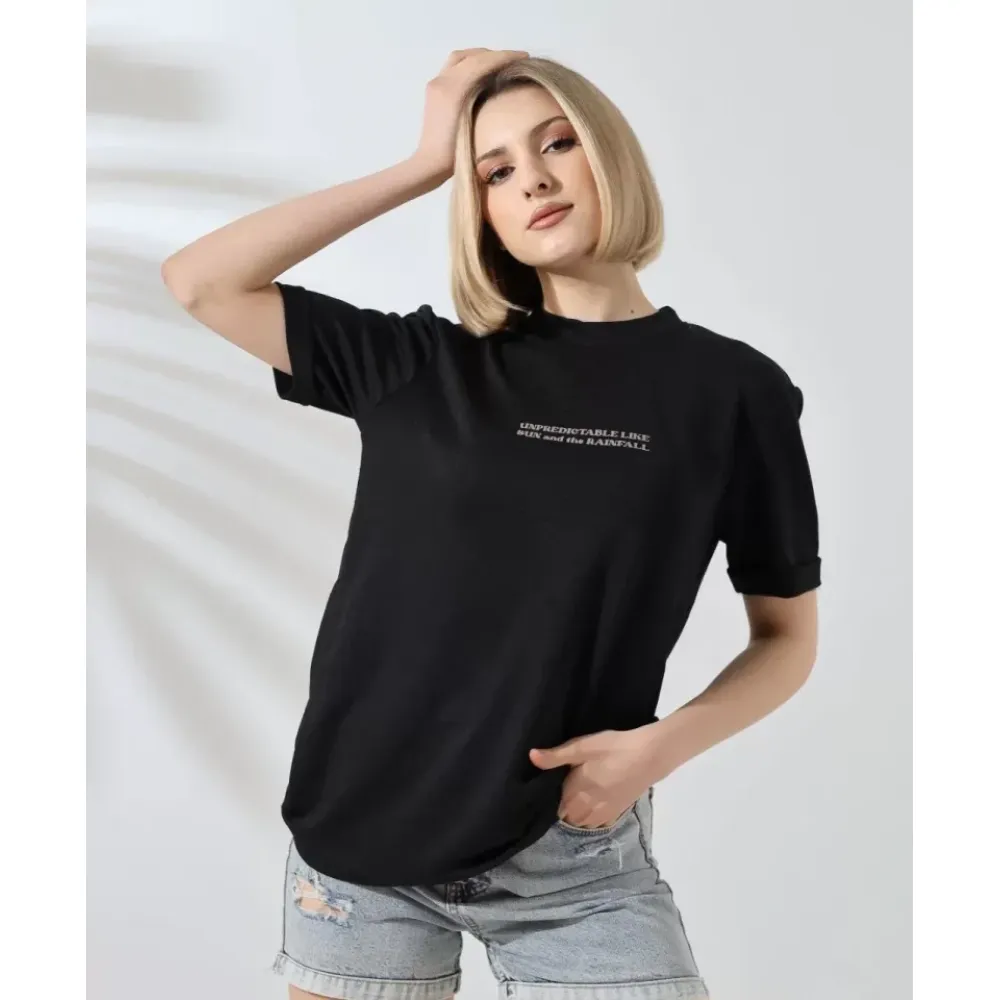 Unisex Bisiklet Yaka Baskılı Slim Fit T-Shirt - Siyah