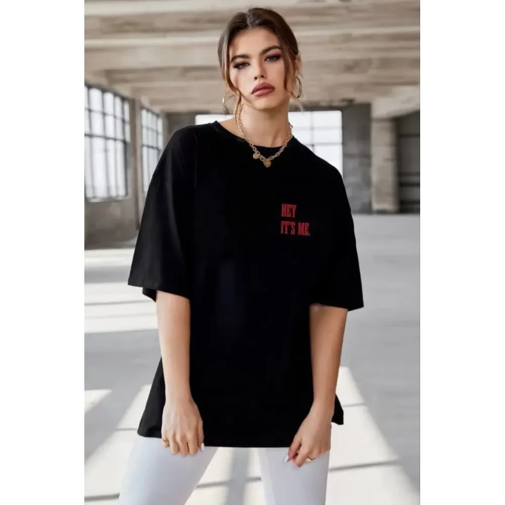 Unisex Baskılı Oversize T-Shirt - Siyah