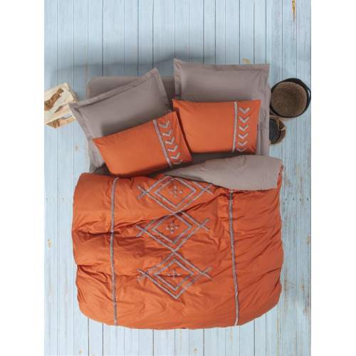 Puff Nakışlı Ranforce Çift Kişilik Nevresim Takımı Lia Kiremit Bej