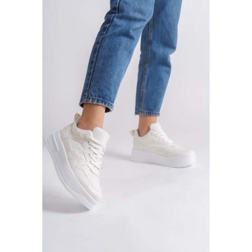 Lisinya948  Bağcıklı Ortopedik Taban Kadın Sneaker Ayakkabı BT Kırık Beyaz