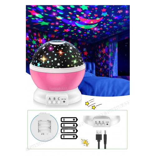 Pembe Dönen Renkli Ay Yıldızlı Gökyüzü Yansıtmalı Projeksiyon Gece Lambası Çocuk Bebek Parti Odası