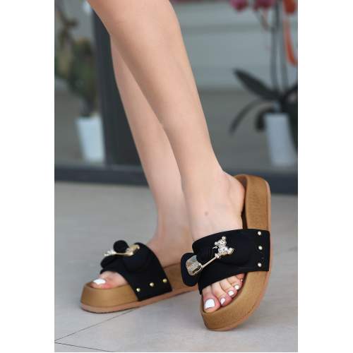 Siyah Saten Ayıcıklı Terlik Siyah Saten Ayıcıklı Terlik