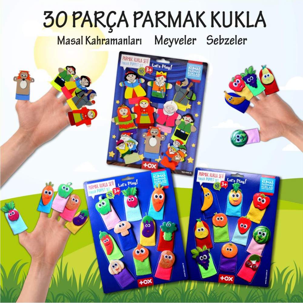 3 Set - 30 Parça  Masal Kahramanları, Meyveler ve Sebzeler Parmak Kukla