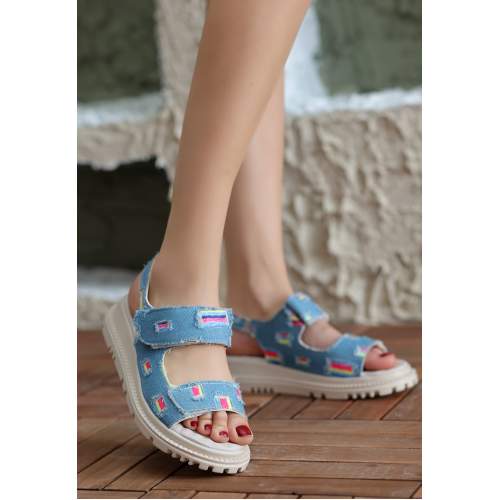 Mavi Kot Cırt Cırtlı Sandalet Mavi Kot Cırt Cırtlı Sandalet