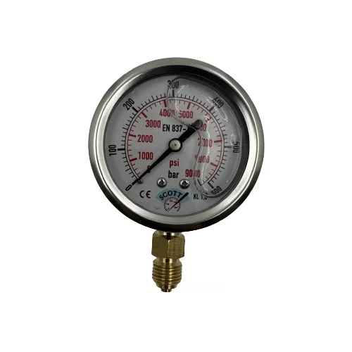 Ø 63 - 0 - 600 BAR 1/4 ALTTAN ÇIKIŞLI GLİSERİNLİ MANOMETRE (Lisinya) Ø 63 - 0 - 600 BAR 1/4 ALTTAN ÇIKIŞLI GLİSERİNLİ MANOMETRE (Lisinya)