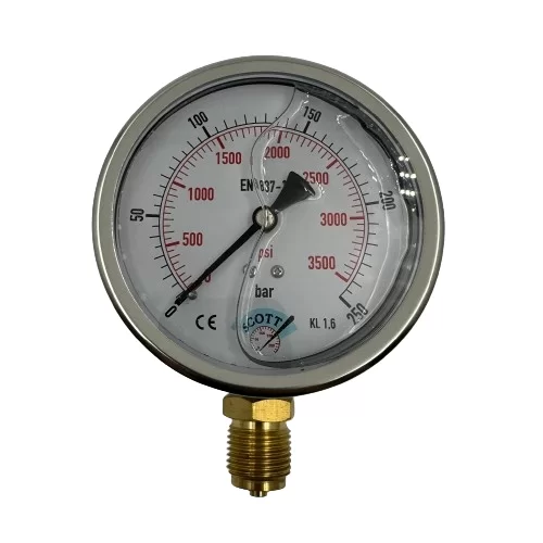 Ø 100 - 0 - 250 BAR 1/2 GLİSERİNLİ ALTTAN ÇIKIŞLI MANOMETRE (Lisinya) Ø 100 - 0 - 250 BAR 1/2 GLİSERİNLİ ALTTAN ÇIKIŞLI MANOMETRE (Lisinya)