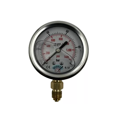 Ø 63 - 0 - 100 BAR 1/4 ALTTAN ÇIKIŞLI GLİSERİNLİ MANOMETRE (Lisinya) Ø 63 - 0 - 100 BAR 1/4 ALTTAN ÇIKIŞLI GLİSERİNLİ MANOMETRE (Lisinya)