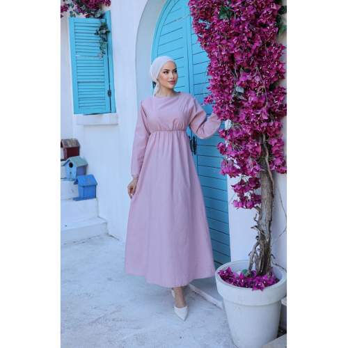 Bisiklet Yaka Elbise Pudra Bisiklet Yaka Elbise Pudra