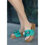 Yeşil Saten Ayıcıklı Terlik