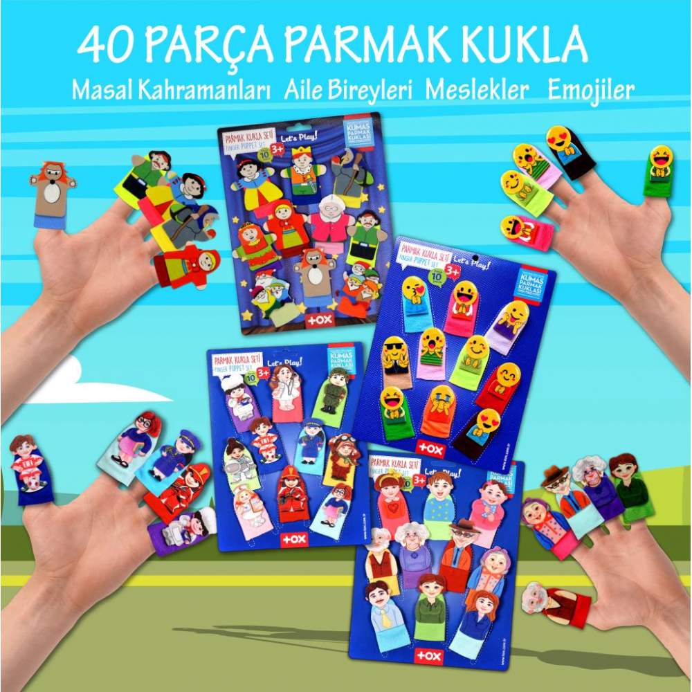 4 Set - 40 Parça  Masal Kahramanları, Aile Bireyleri , Meslekler ve Emojiler Parmak Kukla