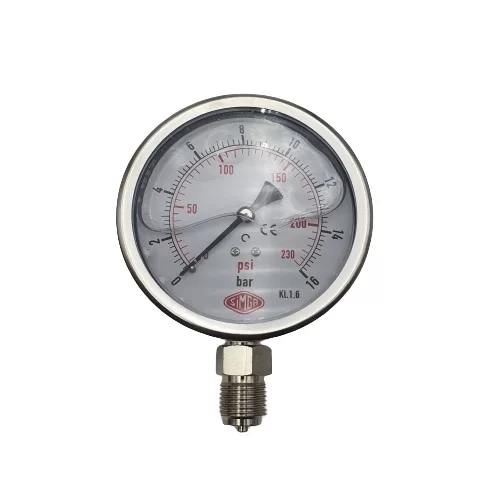 Ø 100 - 0 - 16 BAR 1/2 GLİSERİNLİ ALTTAN ÇIKIŞLI MANOMETRE (Lisinya) Ø 100 - 0 - 16 BAR 1/2 GLİSERİNLİ ALTTAN ÇIKIŞLI MANOMETRE (Lisinya)