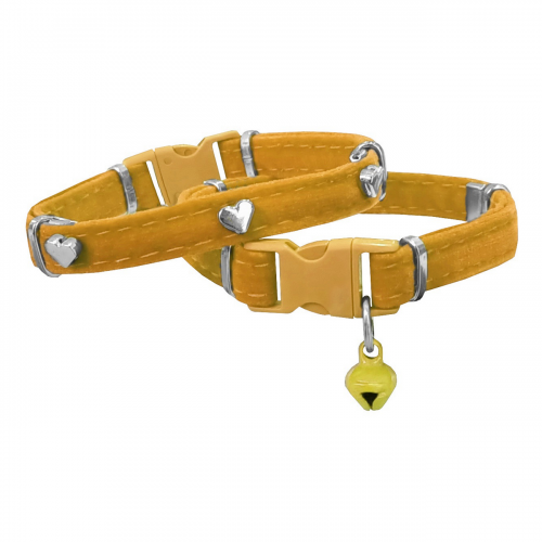 Kadife Kedi Boyun Tasması Kalpli 20-32 cm Sarı