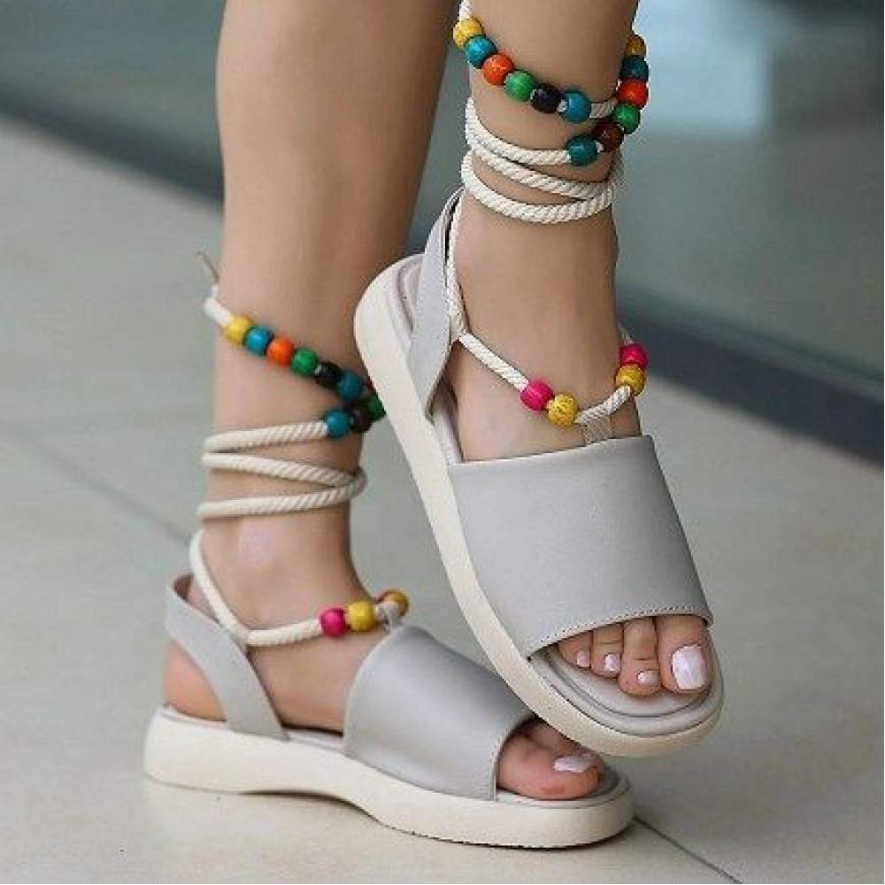 Bej Cilt Bilekten Bağlamalı Sandalet