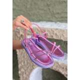 Lila Cilt Boncuk İşlemeli Sandalet