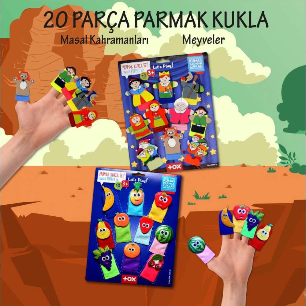 2 Set - 20 Parça  Masal Kahramanları ve Meyveler Parmak Kukla