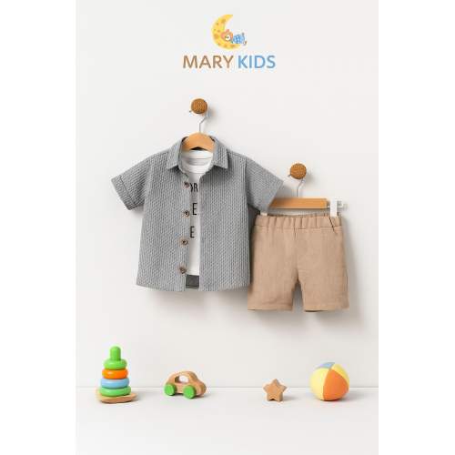MARY KİDS Erkek Çocuk 3’lü Yazlık Takım Şık Gömlek Tişört ve Şort Kombini