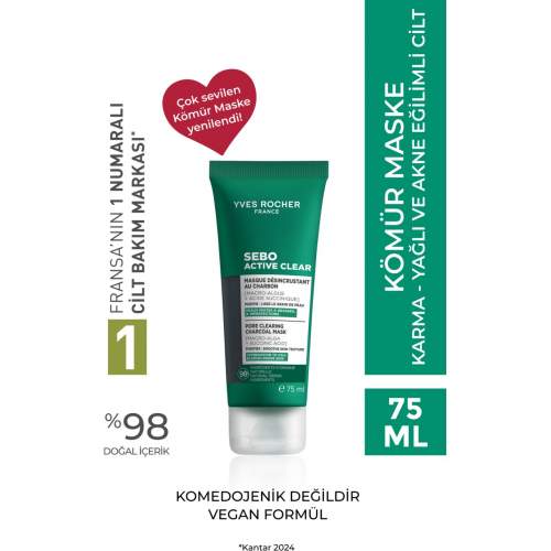 Yves Rocher Arındırıcı Siyah Nokta Karşıtı Kömür Maske-Süksinik Asit-Sebo Active Clear Botanik Kompleks-75ml