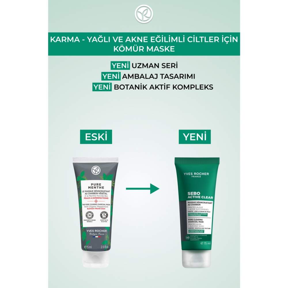Yves Rocher Arındırıcı Siyah Nokta Karşıtı Kömür Maske-Süksinik Asit-Sebo Active Clear Botanik Kompleks-75ml