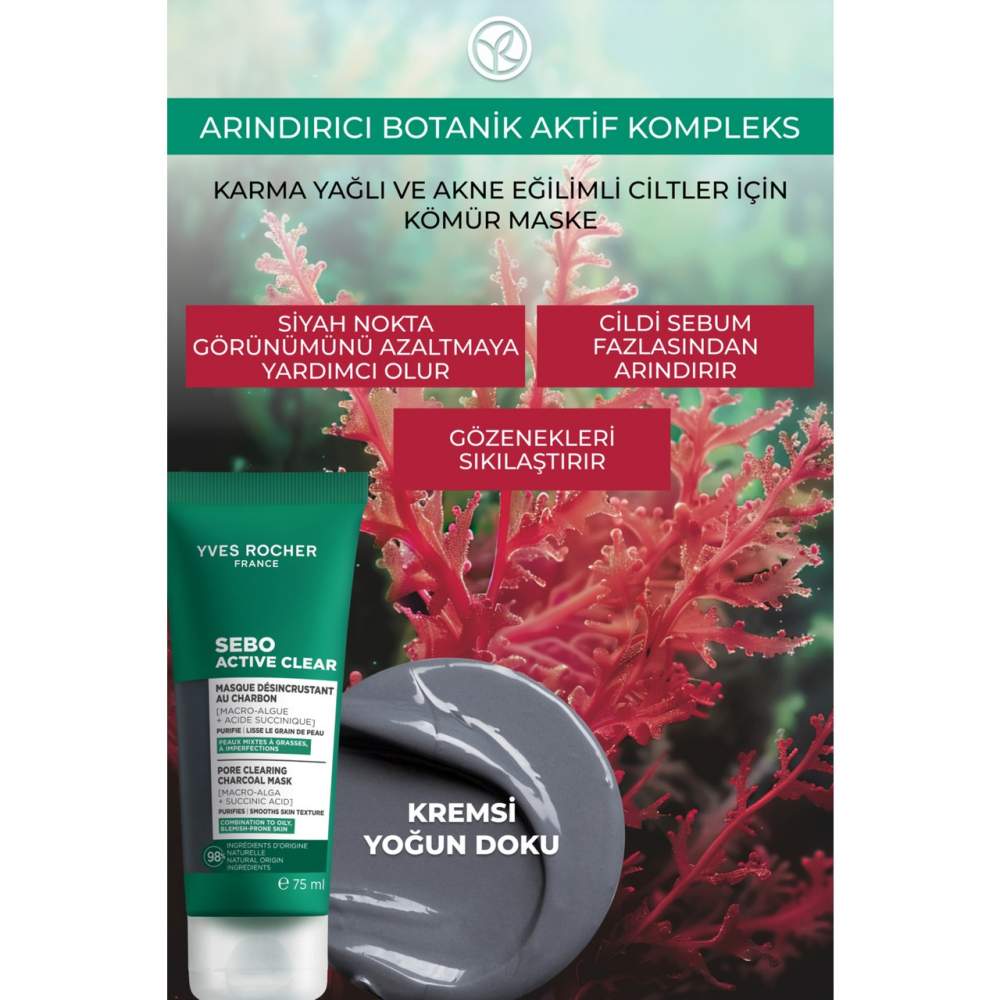 Yves Rocher Arındırıcı Siyah Nokta Karşıtı Kömür Maske-Süksinik Asit-Sebo Active Clear Botanik Kompleks-75ml